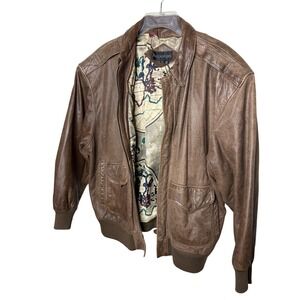 Vintage Mens L Bay Waters Brown Leather Bomber Jacket  Map Lined  Rugged 80's
